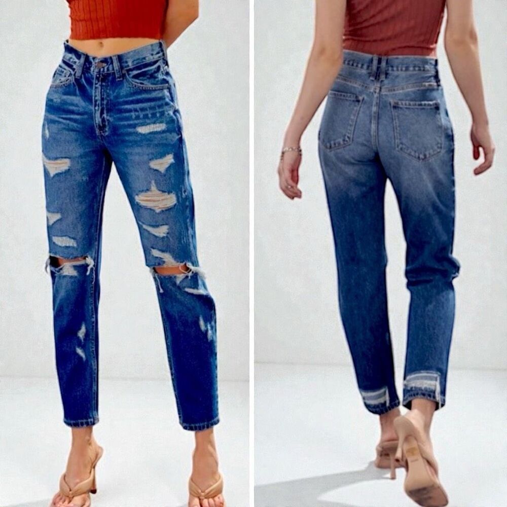 Kancan Ultra High Rise Dark Wash Cropped Distressed Mom Fit Jeans 15/31 NWT - Picture 5 of 16